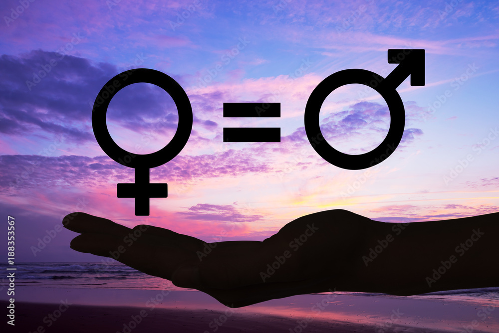 Φωτογραφία Genders symbols, silhouette of a hand open in the sunset, gender equity concept