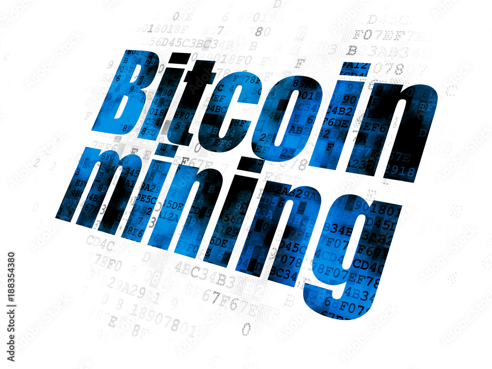 Blockchain concept: Pixelated blue text Bitcoin Mining on Digital background Blockchain concept: Pixelated blue text Bitcoin Mining on Digital background