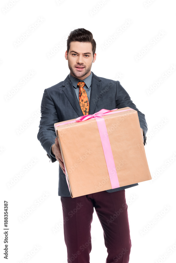 handsome bearded man holding gift box, isolated on white handsome bearded man holding gift box, isolated on white