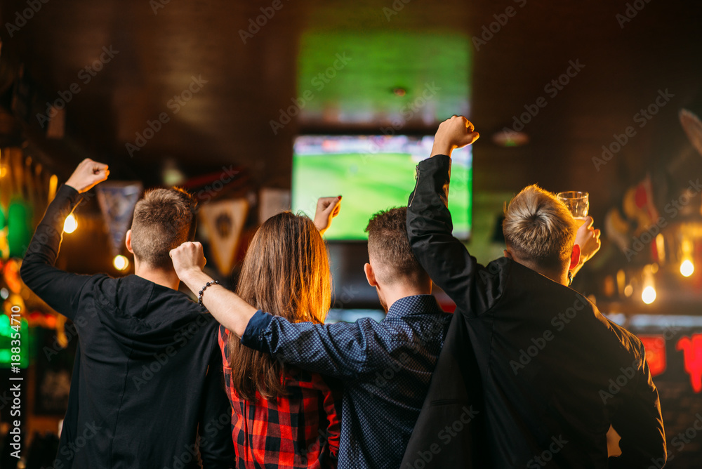 Friends watches football on TV in a sport bar - obrazy, fototapety, plakaty 