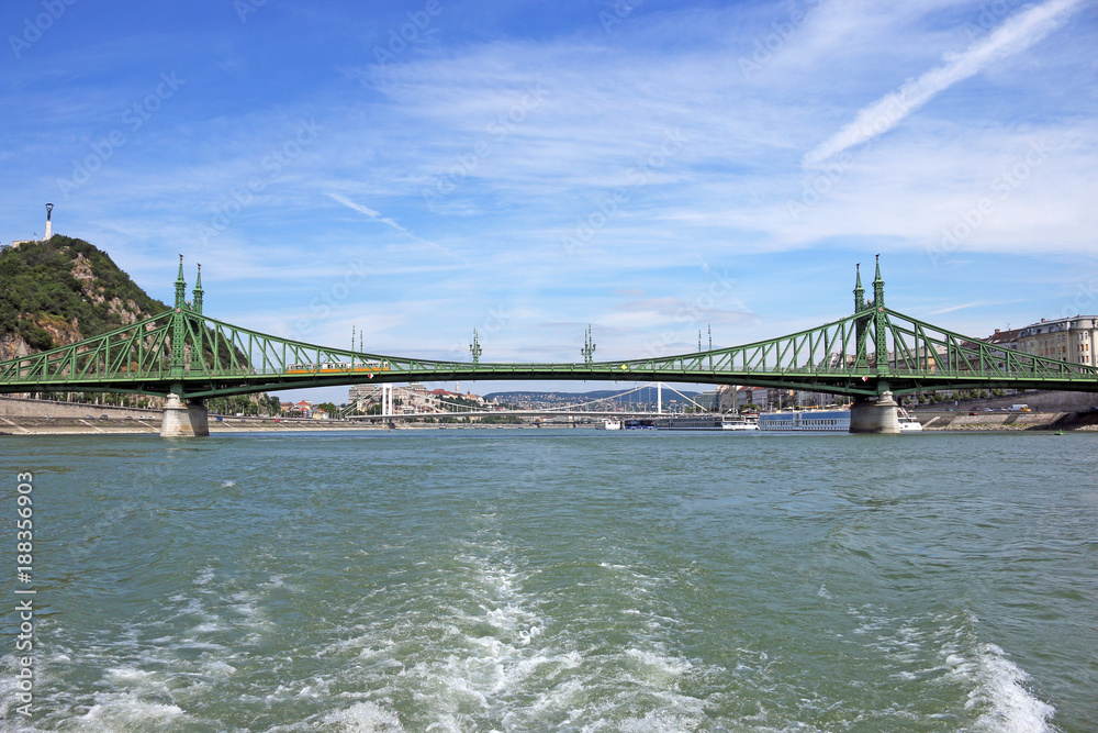 Liberty and Elisabeth bridge on Danube river Budapest city