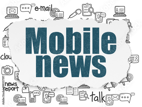 News concept: Painted blue text Mobile News on Torn Paper background with Hand Drawn News Icons