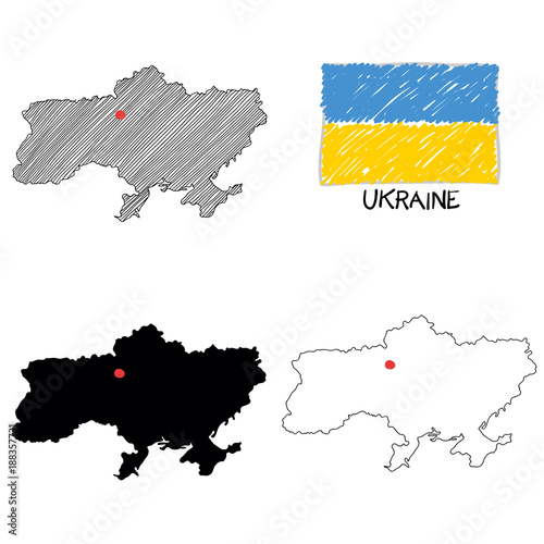 Ukraine Landkarte Zeichnung schraffiert Umriss mit Fahne
