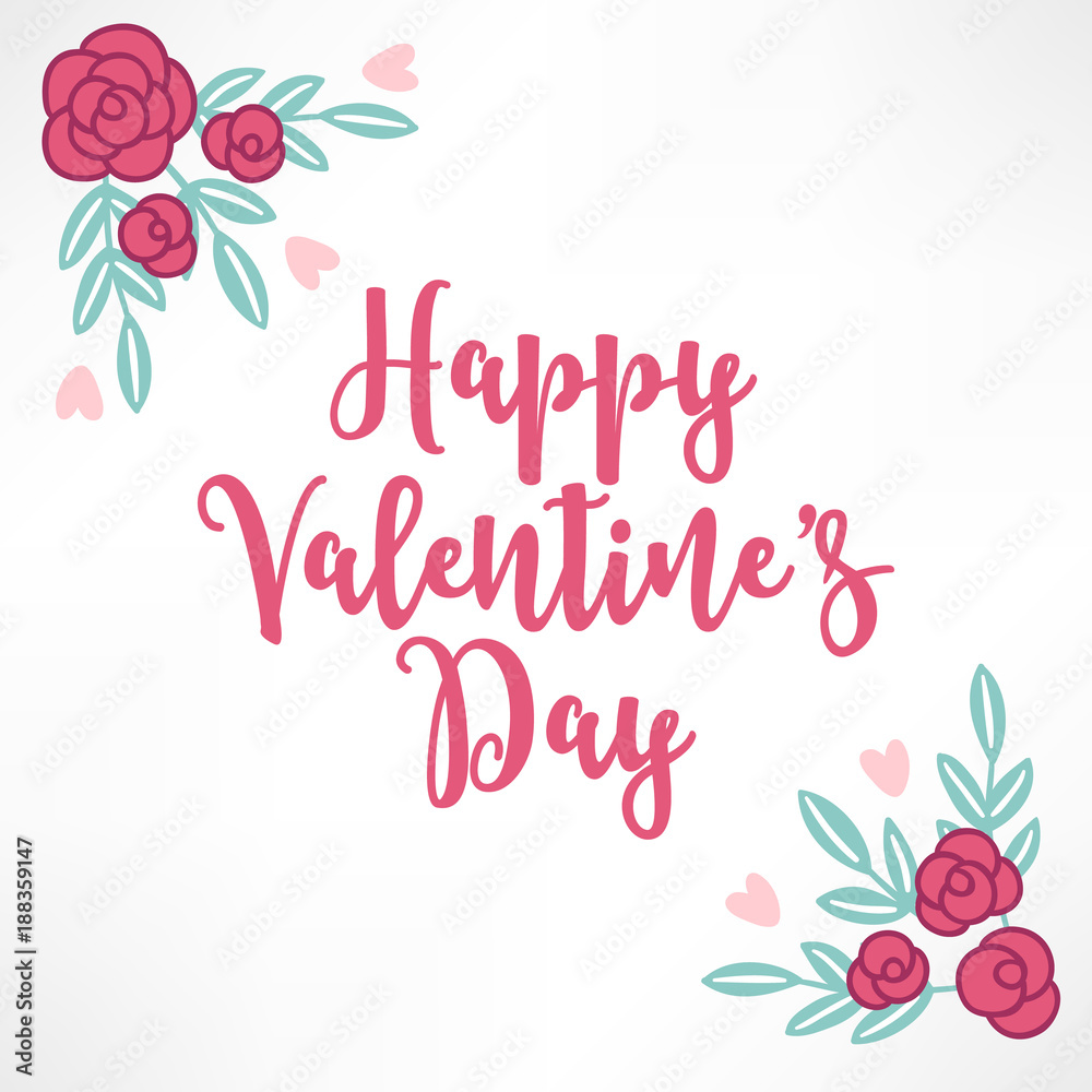 Valentine greeting card with hearts, roses and leaves