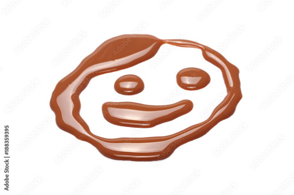 Spilled chocolate milk puddle, emoji, smiley face isolated on white