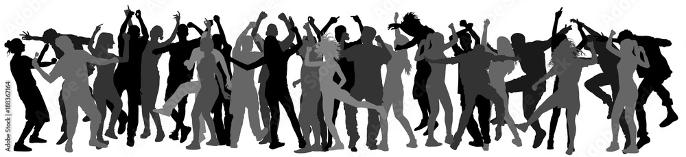 Party dancer people, girls and boys vector silhouette illustration. Nightlife party concept with crew dancing. Disco club event.