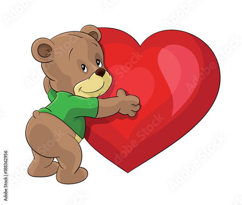 Bear hugging big red heart i love you, valentine's day teddy bear, vector