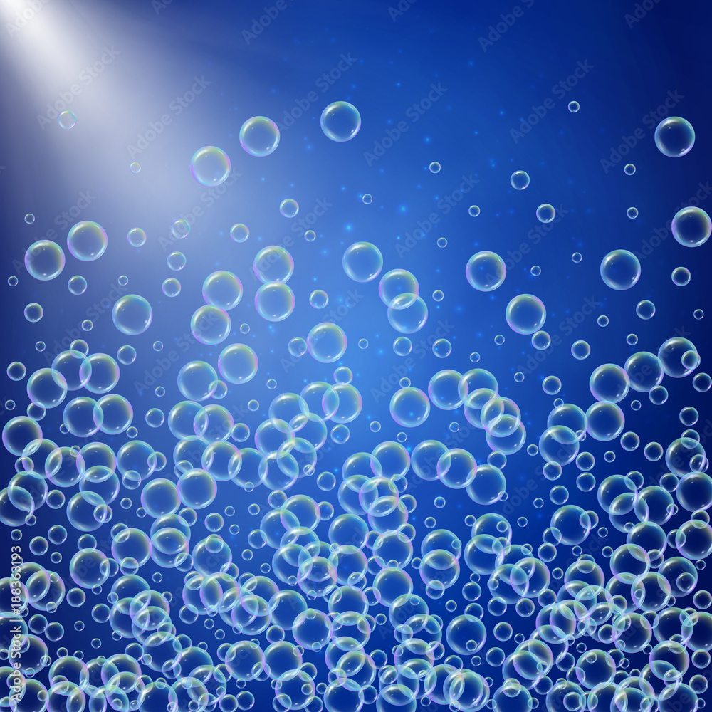 Shampoo foam in floating with realistic water bubbles on blue background with sunshine flare. Cleaning liquid soap foam for bath and shower. Shampoo rainbow bubbles. Swimming pool flyer and invite.