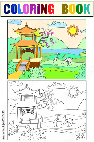 Nature of Japan coloring book for children cartoon illustration. White  black and color