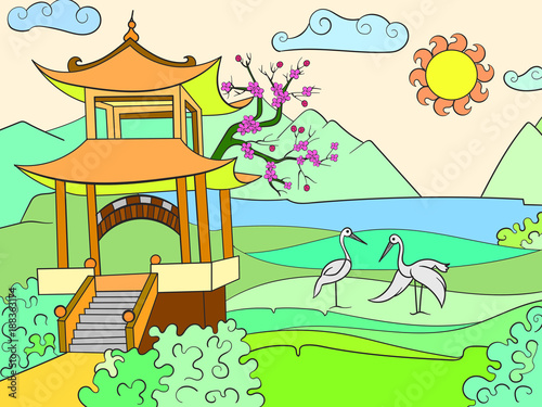 Nature of Japan color book for children cartoon illustration.