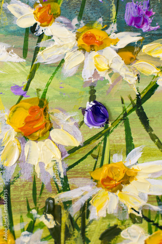 Obraz na płótnie Obraz olejny kwiatów białych stokrotek, piękne kwiaty polne na płótnie. Nóż paletowy Grafika Impastowa. Ręcznie malowane kompozycje kwiatowe.