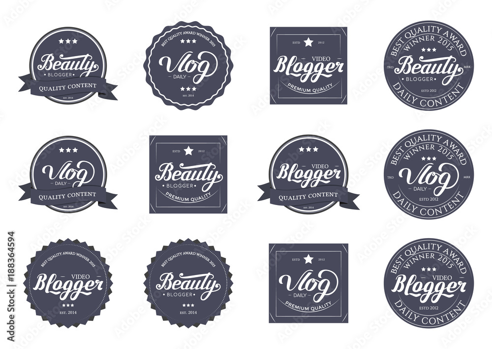 Collection of Badges Video Blogger,  Beauty, Vlog Video with Hand Drawn Lettering Isolated in White Background. Set of Black Logo Emblems Vector Illustration. Can be used for Logotype, Branding.