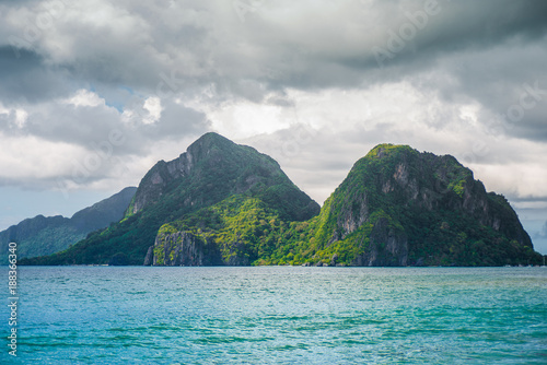 El Nido mountain view from Las Cabanas beach in Palawan island, Philippines © anastasiapelikh