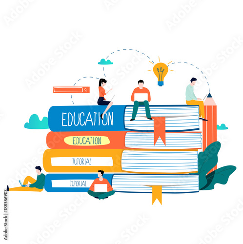Education, online training courses, distance education vector illustration. Internet studying, online book, tutorials, e-learning, online education design for mobile and web graphics
