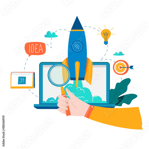 Business project startup process, startup idea launching, project management, startup launch flat business vector illustration design 