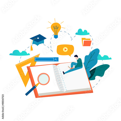 Education, online training courses, distance education vector illustration. Internet studying, online book, tutorials, e-learning, online education design for mobile and web graphics