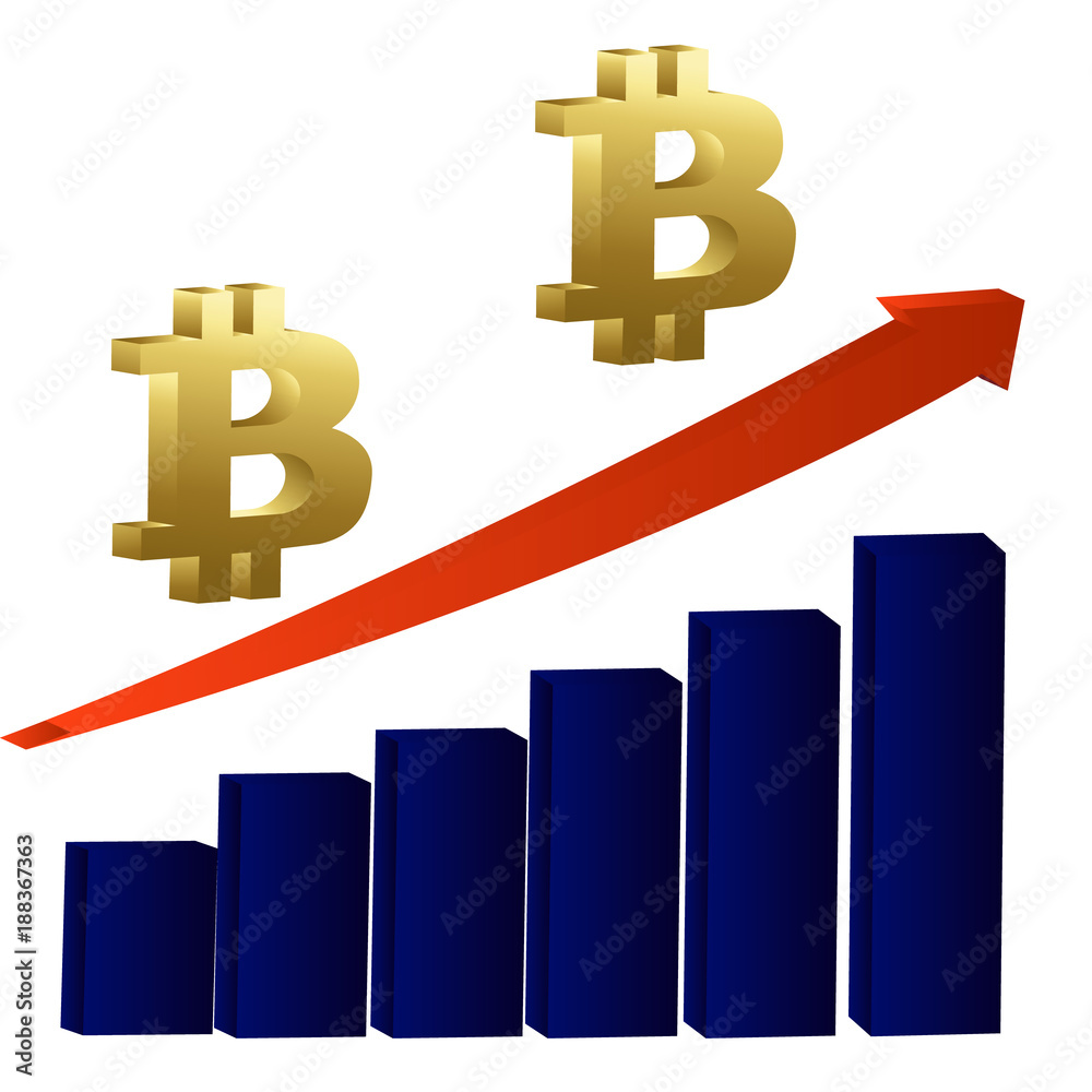 Bitcoin growth concept. Bitcoin revenue illustration. Stacks of gold coins like income graph with bitcoin. Bitcoin growth concept. Bitcoin revenue illustration. Stacks of gold coins like income graph with bitcoin.