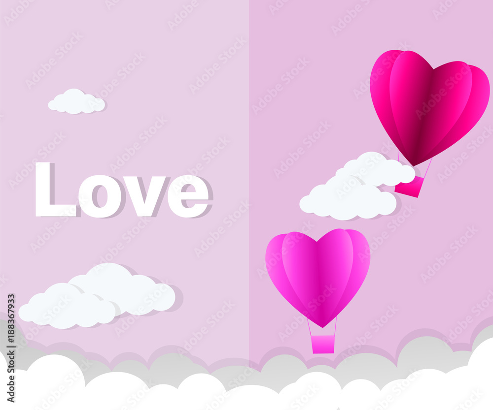 Valentines day , Illustration of love , Hot air balloon in a heart shape flying on sky , paper art