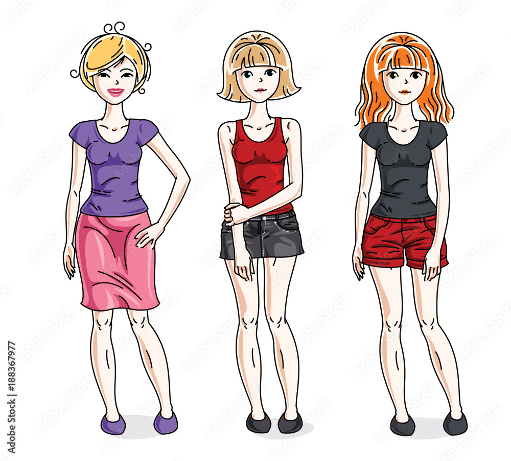 Attractive young adult girls standing wearing casual clothes. Vector people illustrations set. Attractive young adult girls standing wearing casual clothes. Vector people illustrations set.