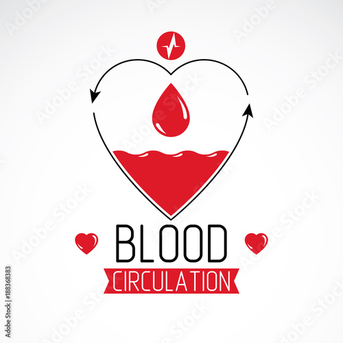 Vector illustration of heart shape full of blood composed with arrows. Cardiovascular system diseases prevention conceptual emblem for use in pharmacy.