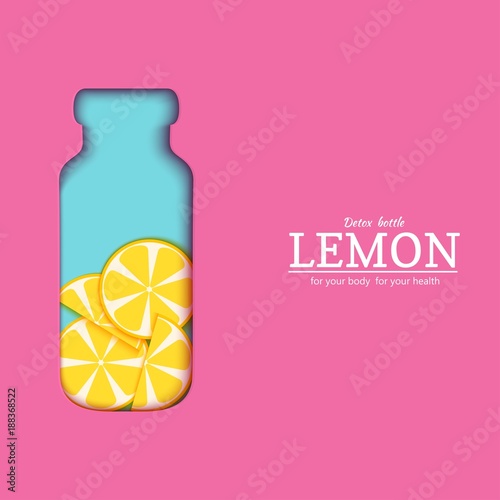 Papercut bottle with slice citrus lemon fruit. Vector card llustration. Tropical craft paper yellow lime fruit border and detox water cocktail for design of food packaging juice, cosmetics, tea, diet