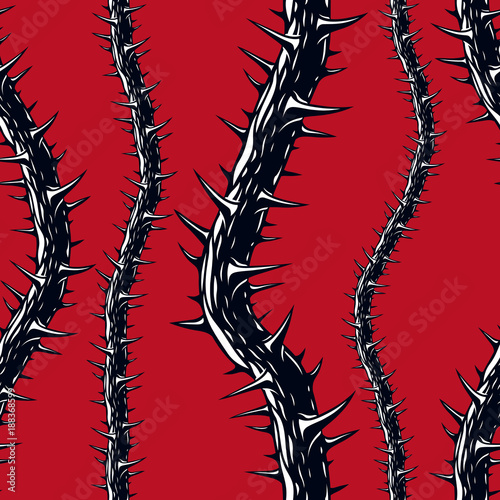 Horror art style seamless pattern, vector background. Blackthorn branches with thorns stylish endless illustration. Hard Rock and Heavy Metal subculture music textile fashion stylish design.