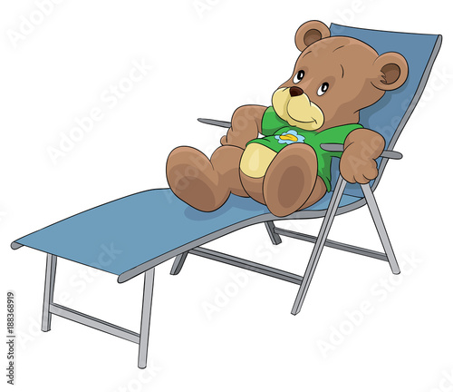 Bear sunbathing and resting on sunbed, teddy bear sitting on the sunbed, beach chair