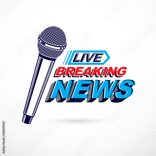 Hot news conceptual logo composed using breaking live news writing and press microphones. Global broadcasting theme illustration.