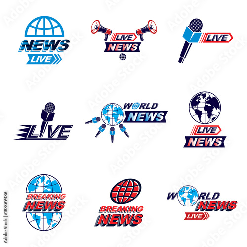 Set of journalism conceptual logo, emblems and leaflets. Earth planet, microphones and loudspeakers equipment vector illustrations composed with news inscription.