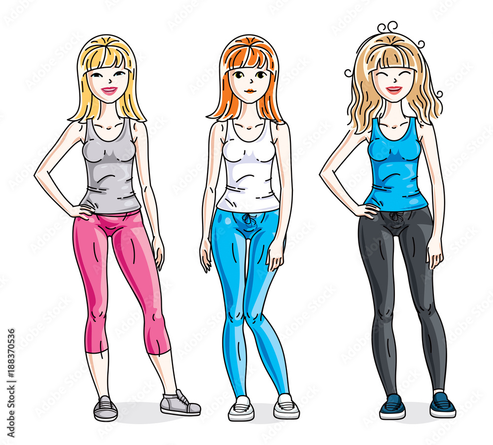 Happy pretty young women standing wearing stylish sport clothes. Vector diversity people illustrations set. Happy pretty young women standing wearing stylish sport clothes. Vector diversity people illustrations set.