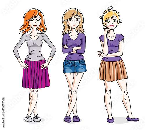 Happy cute young adult girls standing wearing fashionable casual clothes. Vector diversity people illustrations set. Fashion and lifestyle theme cartoons.