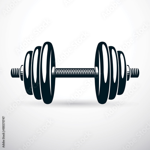 Dumbbell vector illustration isolated on white with disc weight. Sport equipment for power lifting and fitness training.