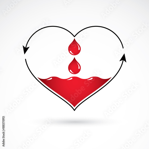 Vector illustration of heart shape with arrows and drops of blood. Blood circulation concept, rehabilitation creative symbol isolated on white.