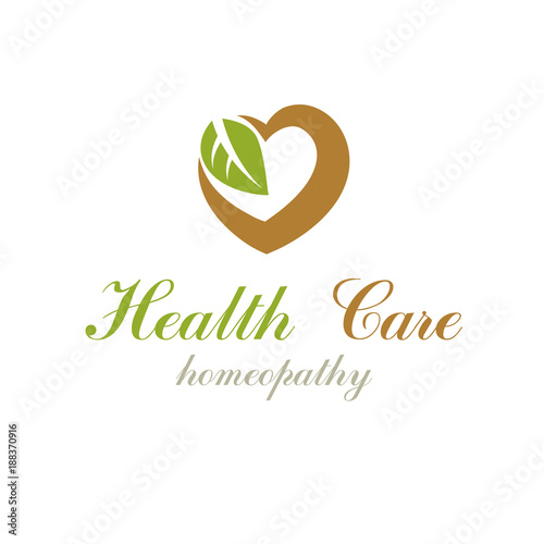 Vector heart shape composed with green leaves. Alternative medicine conceptual symbol can be used as phytotherapy logo in healthcare business.