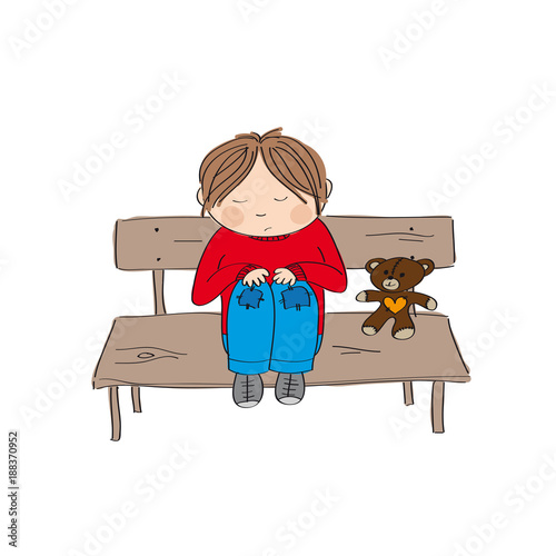 Sad and alone little boy sitting on the bench - original hand drawn illustration