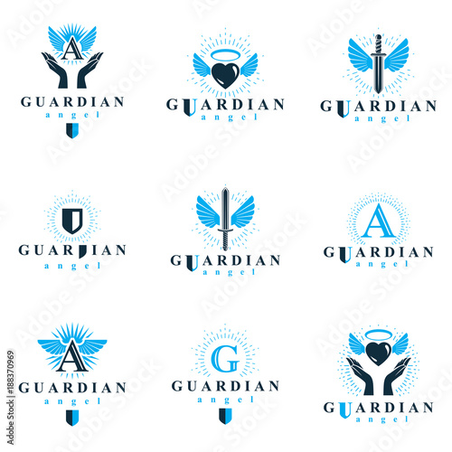 Holy spirit graphic vector logotypes collection, can be used in charity and catechesis organizations. Vector emblems created using battle swords, loving hearts and guardian shields.