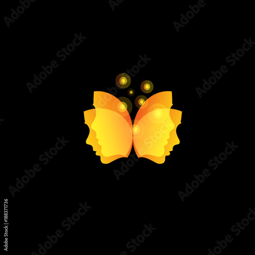 Magic butterfly wings from facial masks, abstract orange vector logo template.