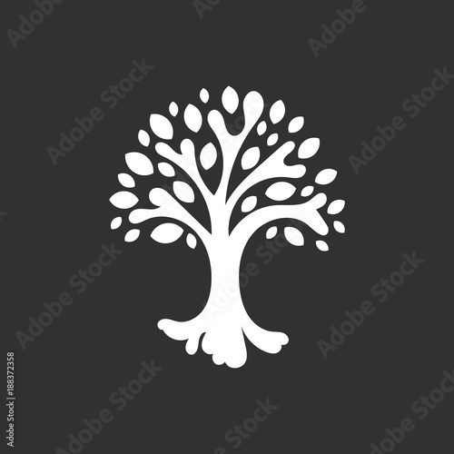 Abstract tree with leaves, life symbol, mascot white silhouette on black background.