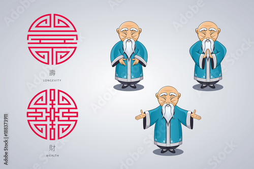 et of vector illustration gray-haired Asian old man in national clothes in different poses. Ancient symbol of longevity and wealth.