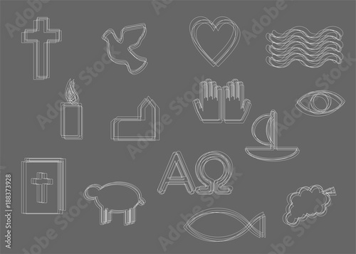 Christliche Symbole mit weißen Außenlinien auf dunklem Untergrund