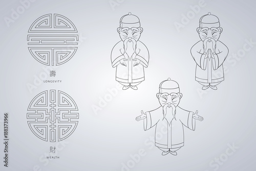 et of vector illustration gray-haired Asian old man in national clothes in different poses. Ancient symbol of longevity and wealth.