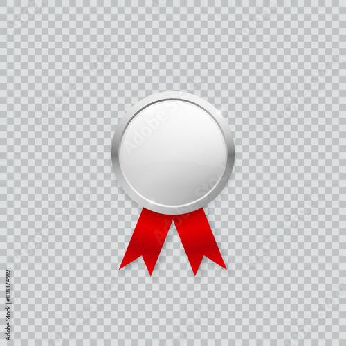 Realistic shiny vector silver medal blank mockup template with red ribbon