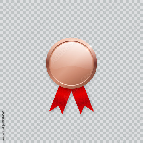 Realistic shiny vector bronze medal empty template mockup with red ribbon