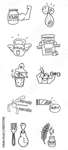 healthy lifestyle, a set of 10 icons, fitness equipment, workout in the gym, healthy food, vector image, doodles style