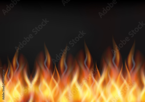 Fire Seamless Pattern, Horizontal Background, Solid Wall of Blazing Red, Orange and Yellow Flames and Dark Black Smoke Above It. Eps10, Contains Transparencies. Vector