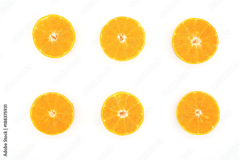 Top view Orange fruit slice isolated on white background . Top view Orange fruit slice isolated on white background .