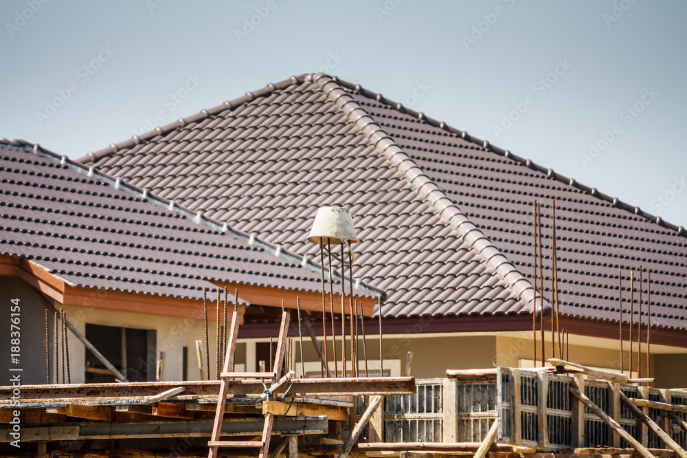 building modern house at construction site