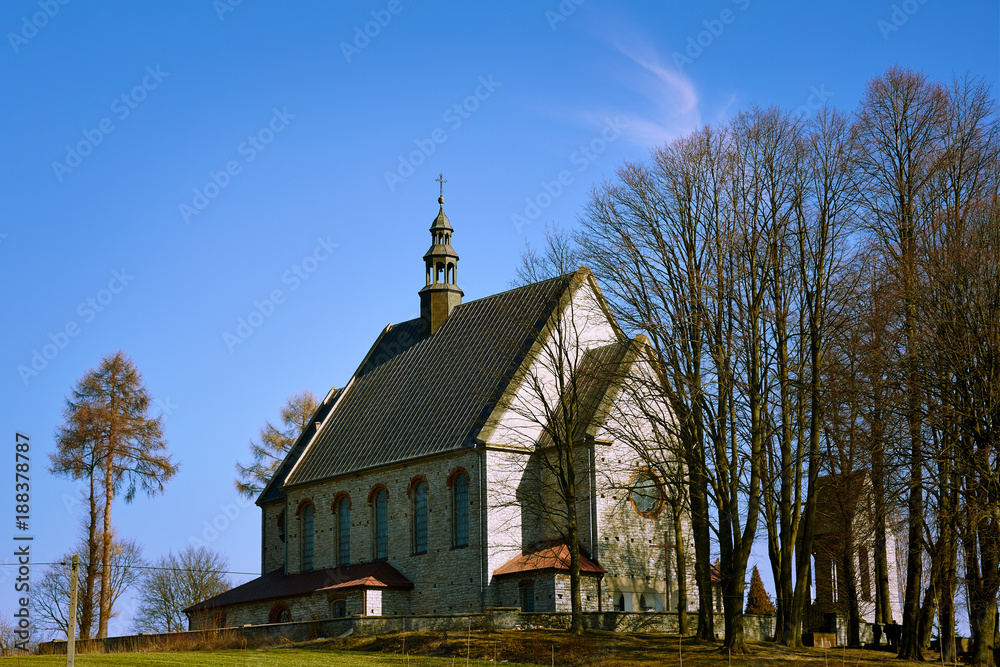 Catholic church on the hill in autumn season with trees without leaves