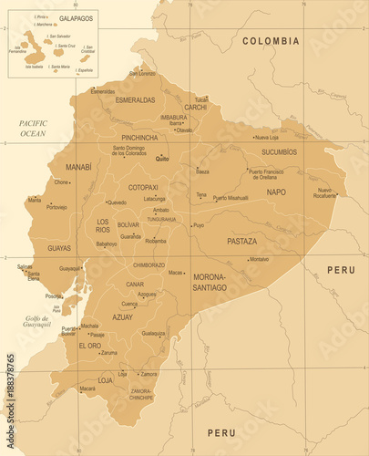 Fotografie Ecuador Map - Vintage Detailed Vector Illustration