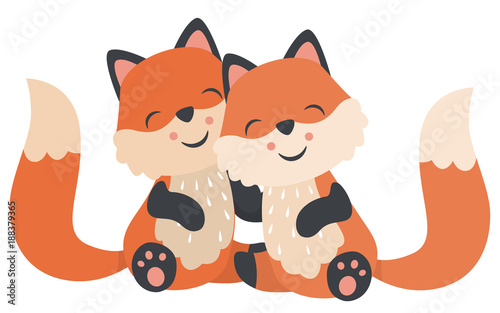 Cute Kawaii Style Baby Foxes Hugging Sitting Valentines Day Flat Vector Illustration Isolated on White
